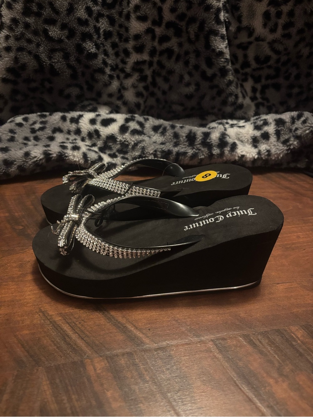 Juicy Couture Black Wedge Sandals with Silver Rhinestone Straps